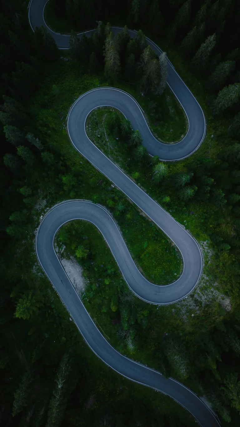 Sehr kurvige Straße mit mehreren Spitzkehren welche von dunkelgrünem Nadelwald umgeben ist